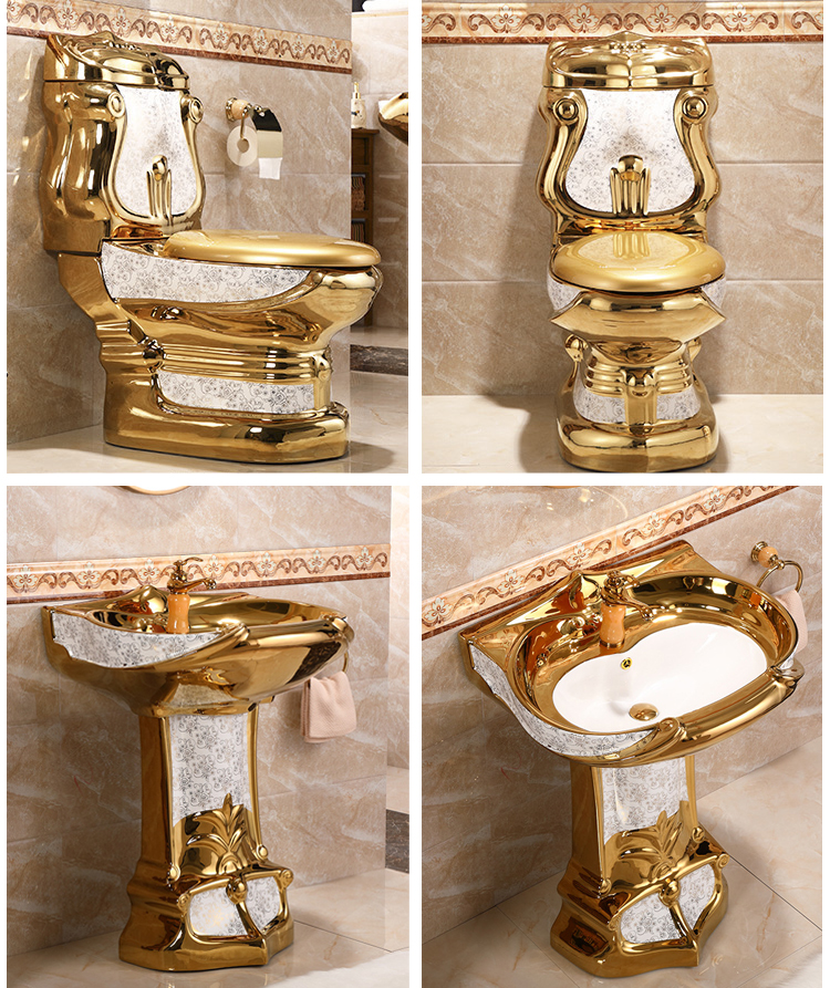 Royal vintage golden plated color bathroom sanitary ware luxury toilet bowl  and pedestal wash basin sink ceramic gold toilet set